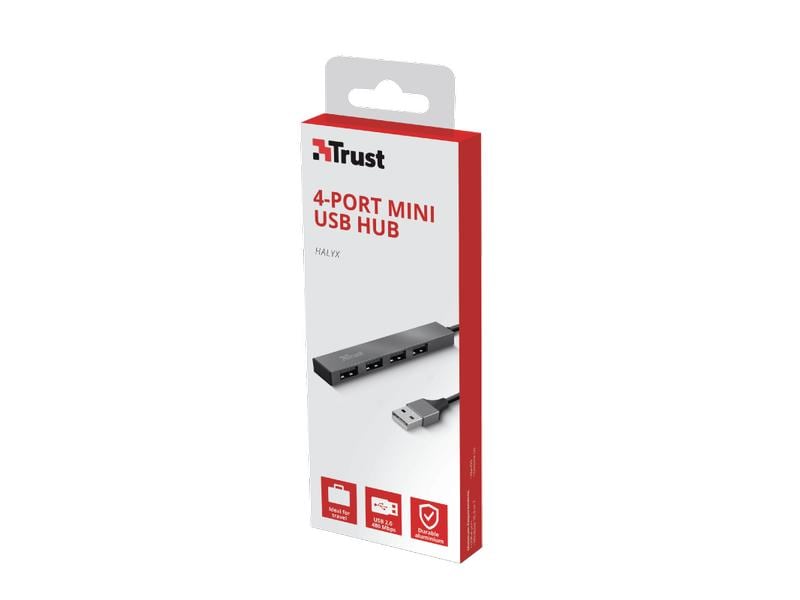 Trust USB-Hub Halyx Mini USB 2.0 Typ-A 4-Port Kompakter USB-Hub mit vier USB 2.0 Typ-A -Anschlüssen und Aluminium-Gehäuse