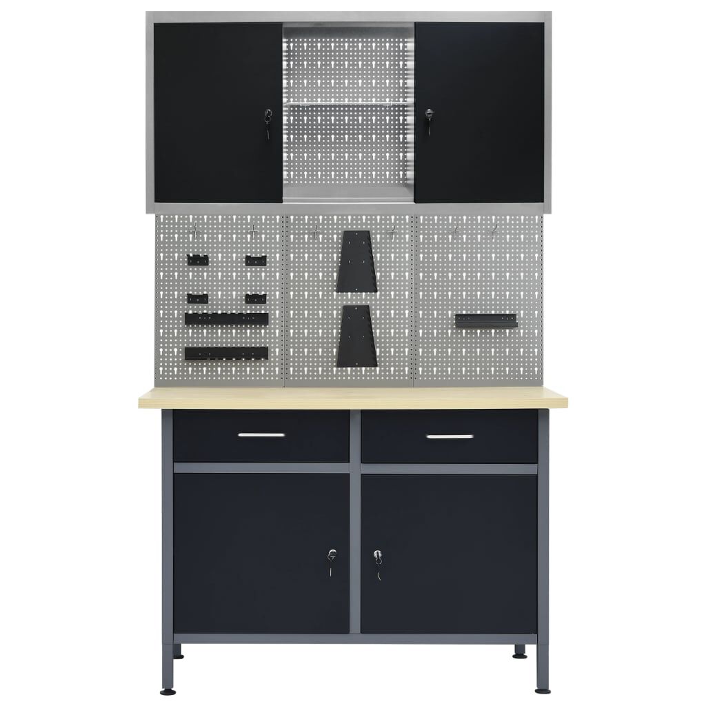 vidaXL Werktafel met drie wandpanelen en een kast