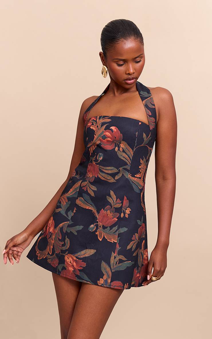 Dark Ochre Robe Trapèze À Encolure Carrée Dos Nu À Imprimé Fleuri