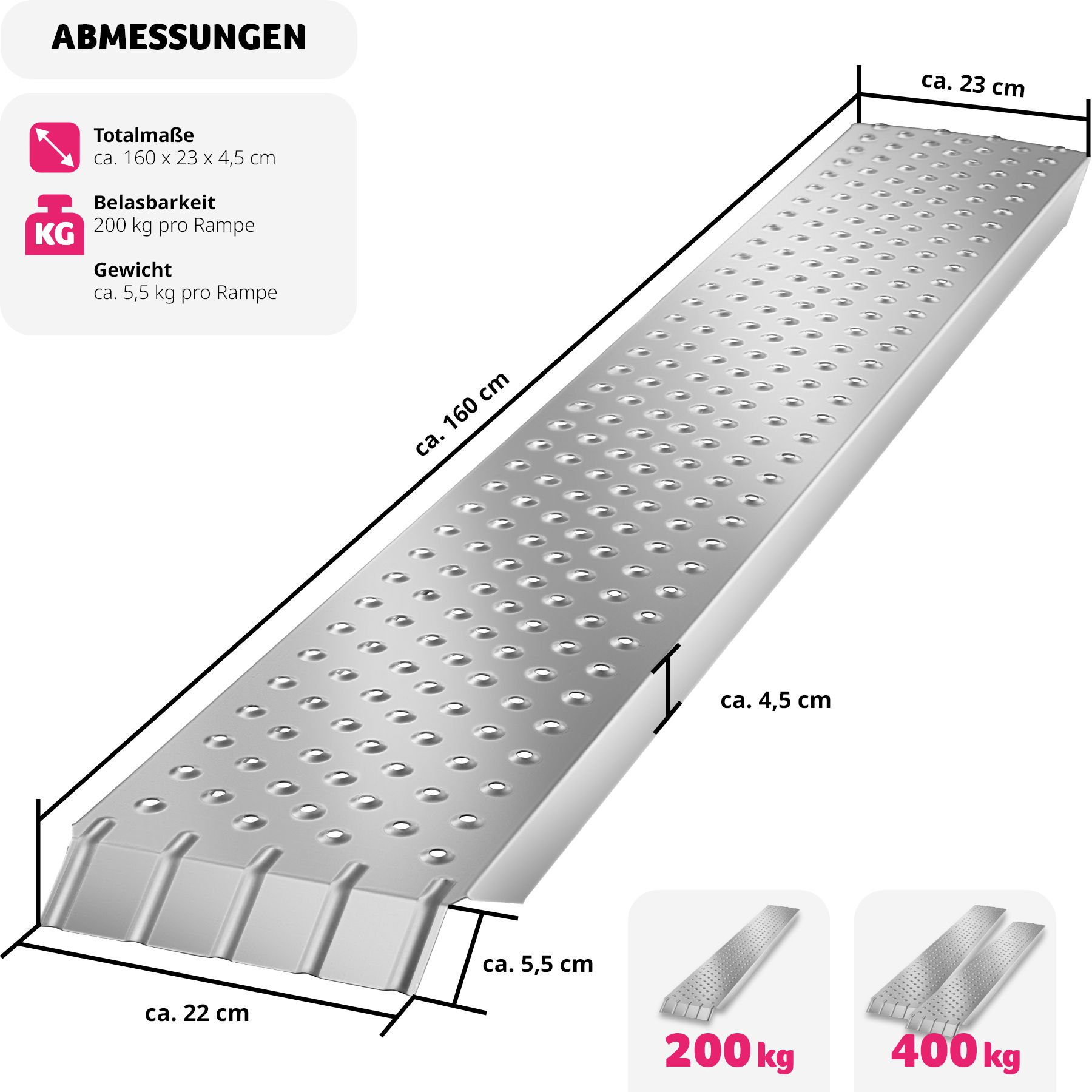 tectake® Auffahrrampen, 2er Set, rutschfeste, perforierte Oberfläche, 160 x 23 x 4,5 cm