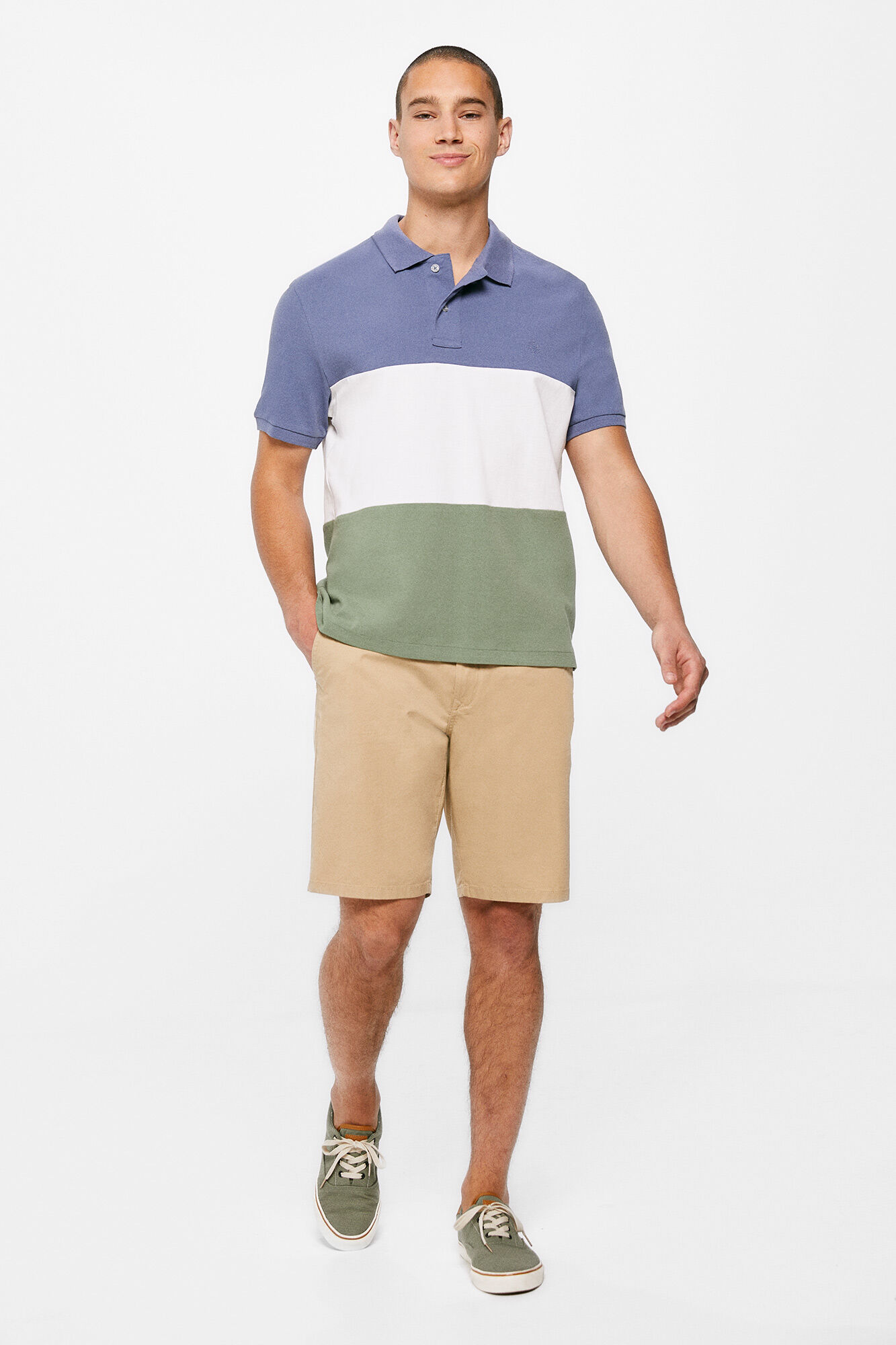 Camisa polo, estampa tricolor - azul médio