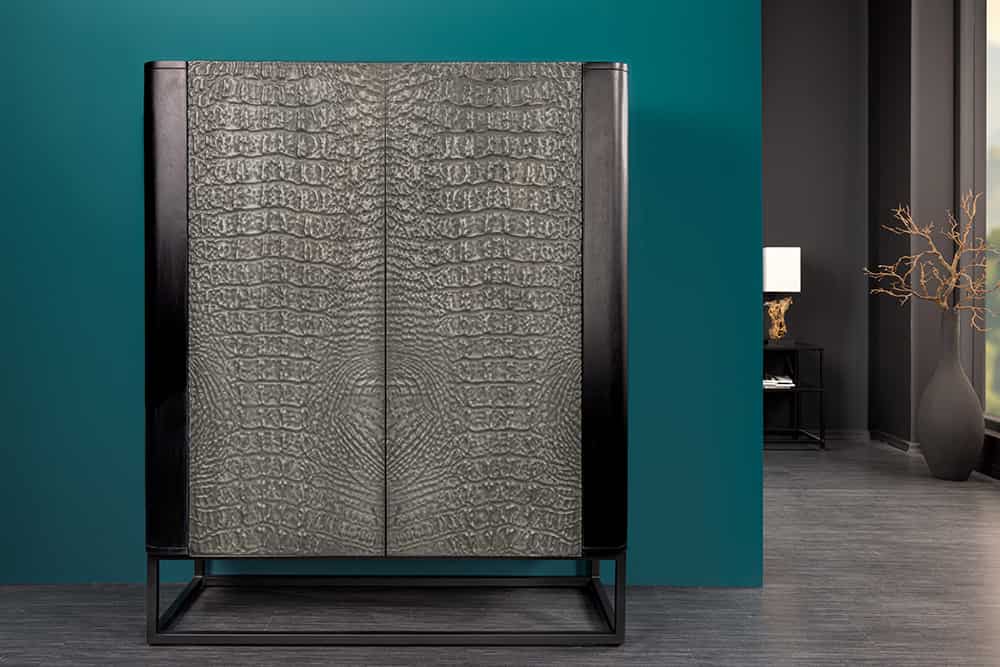 Handgefertigtes Highboard CROCO 120cm grau schwarz Mangoholz massiv 3D-Design