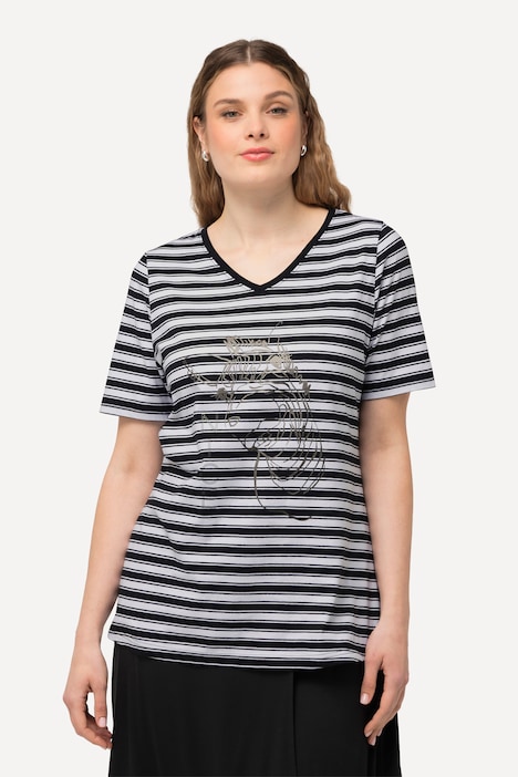 T-Shirt, Ringel, Metallic-Tiermotiv, V-Ausschnitt, Halbarm