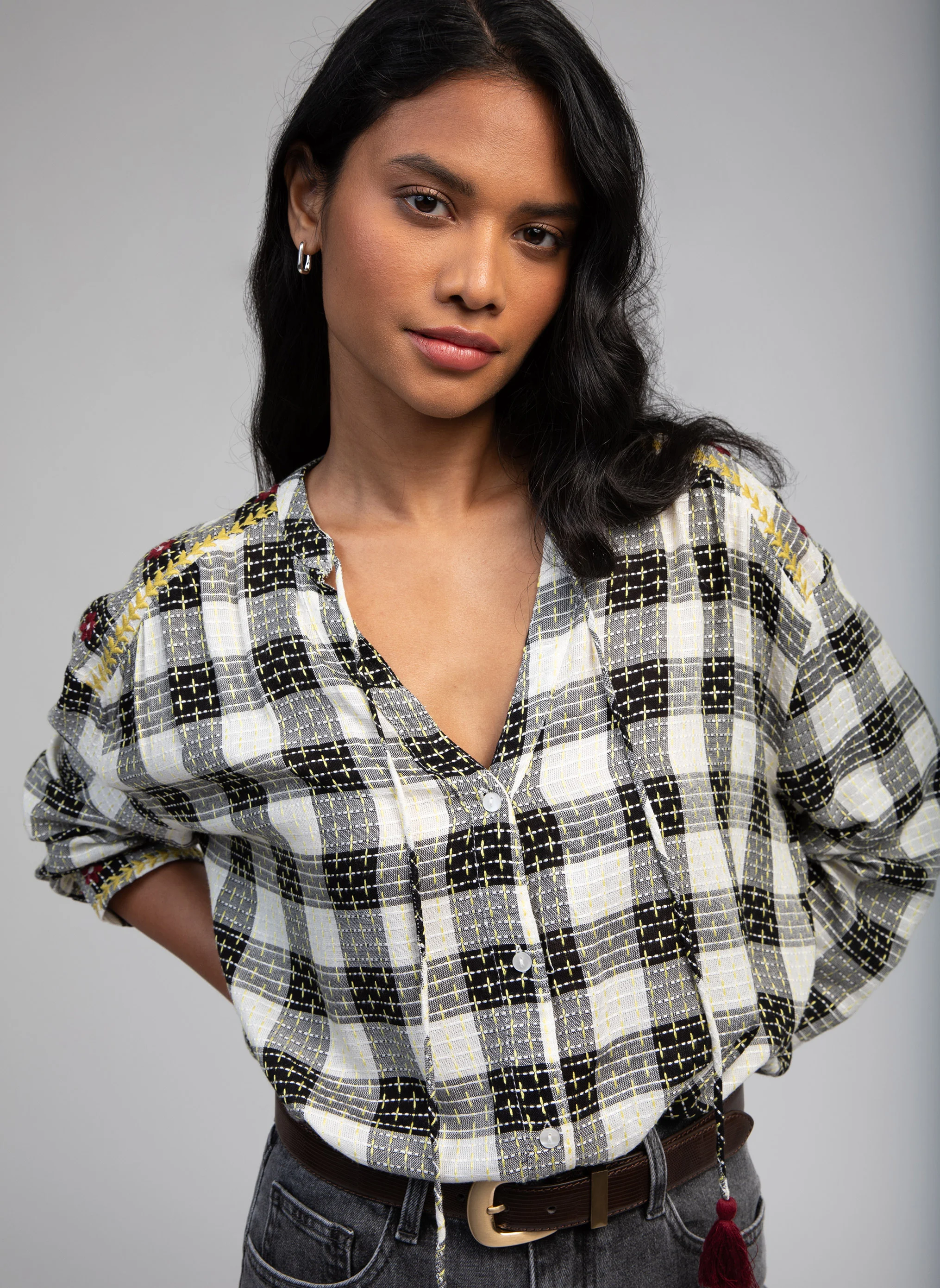 SOLANE - Blouse ample à carreaux | Noir