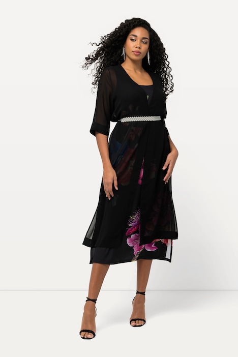 Chiffon-Longjacke, A-Linie, Schmuckgürtel, offene Form, 3/4-Arm