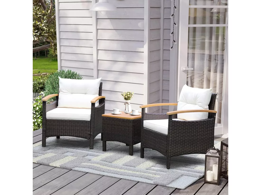 Salon de Jardin en Rotin et fibre naturelle - 3 Pièces - Table Basse et 2 Fauteuils avec Coussin Amovible - Accoudoirs en Bois d’Acacia