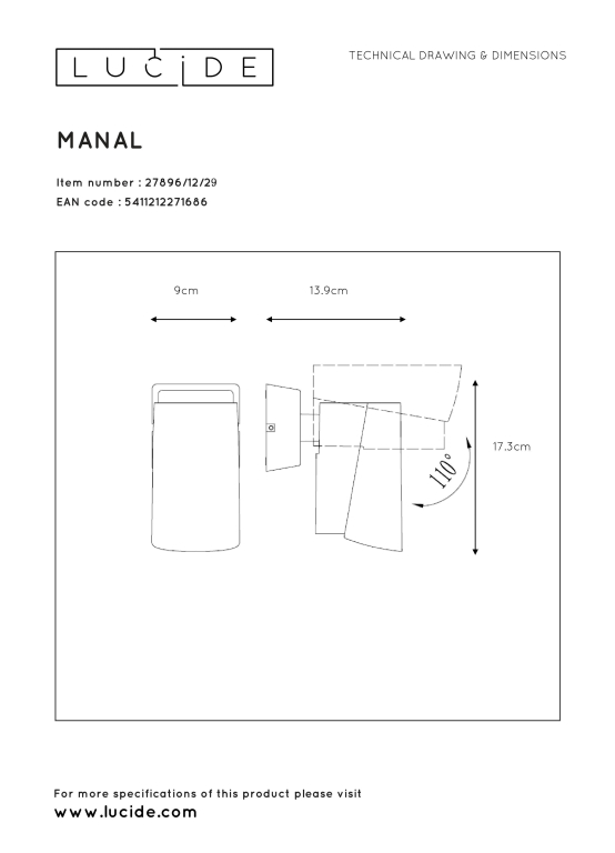 Lucide Manal wandlamp LED buiten IP65 zwart