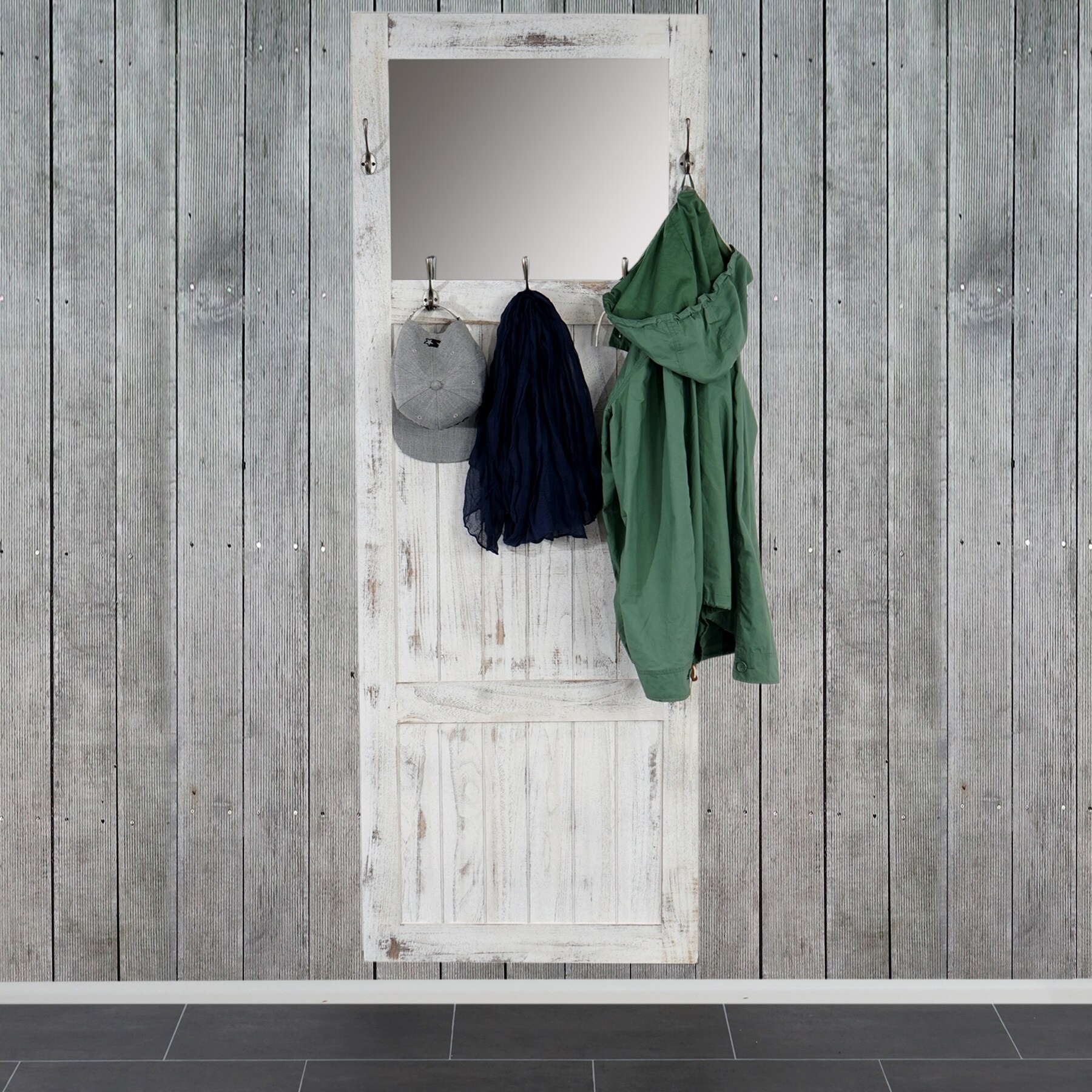 Garderobe Wandgarderobe mit Spiegel Wandhaken 180x65x7cm, Shabby-Look, Vintage ~ weiß