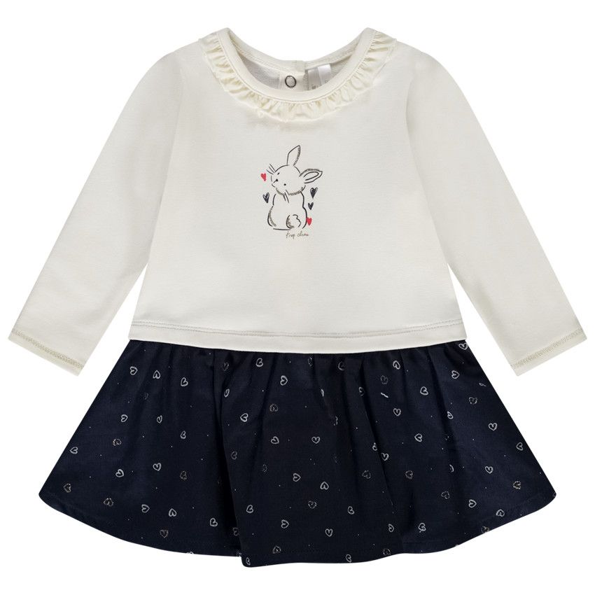 Robe bi-matière effet 2 en 1 imprimé cœurs pour bébé fille - Ecru
