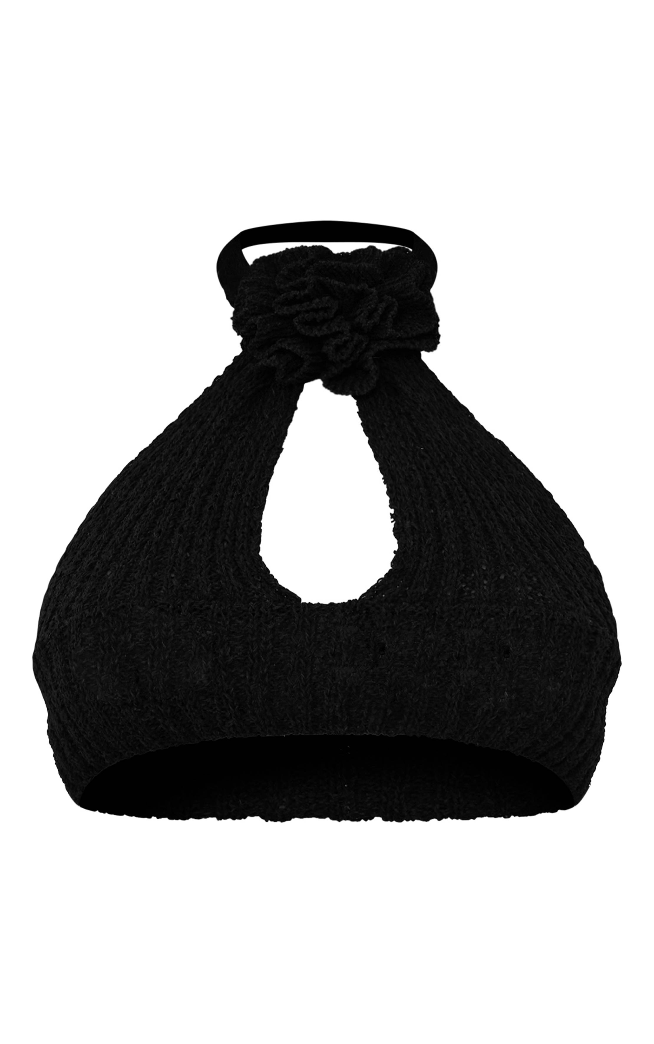 Noir Haut En Maille Crochet Avec Appliqué Floral Et Découpes