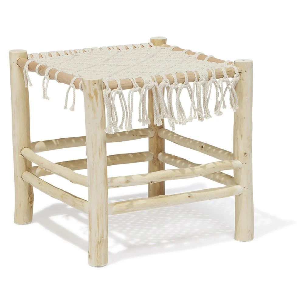 Tabouret Zélie bois et coton effet macramé - L35xP35xH35 cm