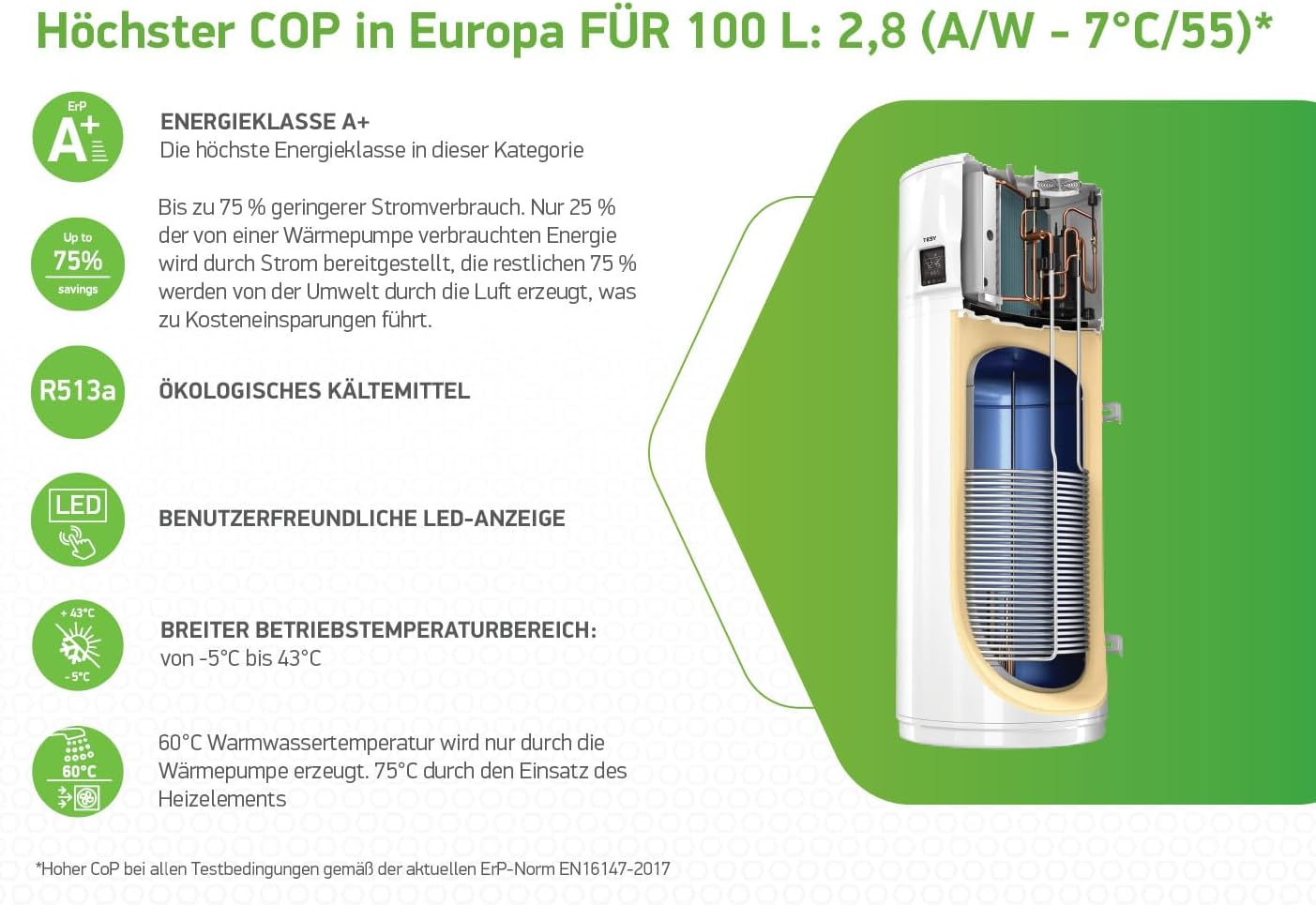 Kompakte wandhängende Brauchwasserwärmepumpe 150 Liter Wärmepumpe Warmwasser Trinkwasser Tesy HPWH 3.2