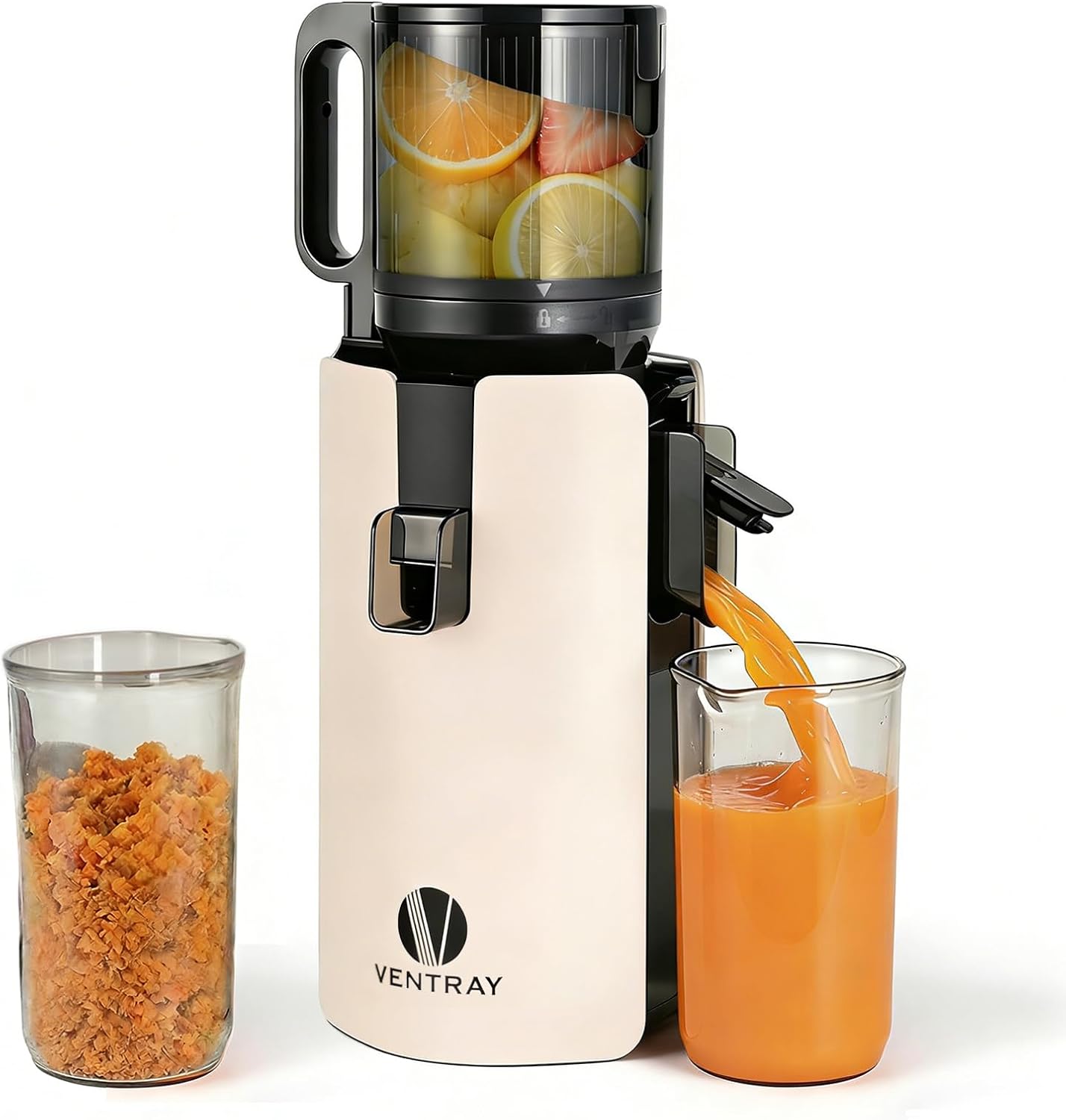 Ventray Ginnie Slow Juicer Entsafter | Elektrische Saftpresse mit 120mm Einfüllschacht für ganze Früchte & Gemüse | Doppelte Filterung | BPA-frei und einfach zu reinigen (Elfenbein)