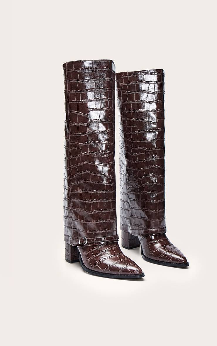 Rouge Bordeaux Botte Haute Au-dessus Du Genou À Talon Bloc Avec Revers Effet Croco Grande Échelle