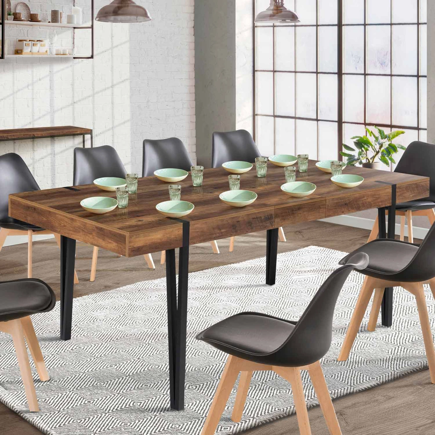 Table à manger extensible rectangle AUSTRIA 6-10 personnes bois foncé pied épingle noir 160-200 cm