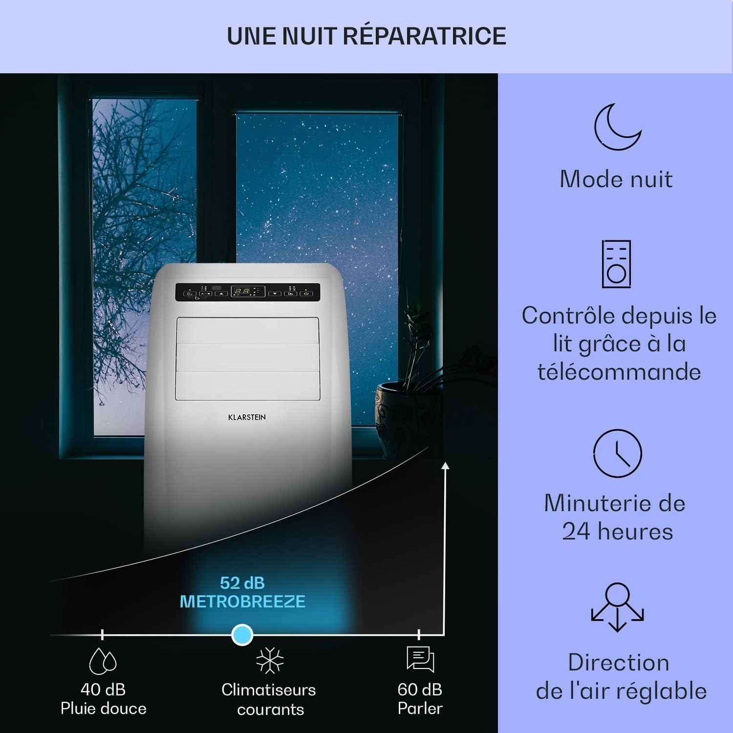 Klarstein Climatiseur Mobile Silencieux, 4 en 1, Mode Nuit, Déshumidificateur, Ventilateur, Mini Climatisation à Faible Conso, Evacuation, Clim Portable, Puissante, 10000 BTU