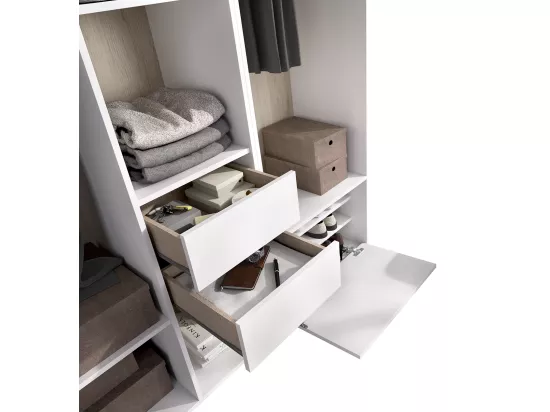 Ensemble dressing avec 2 tiroirs + 1 porte à chaussure et fond d'arrière réversible coloris chêne naturel, blanc  - Longueur 158 x Profondeur 45 x Hauteur 205 cm