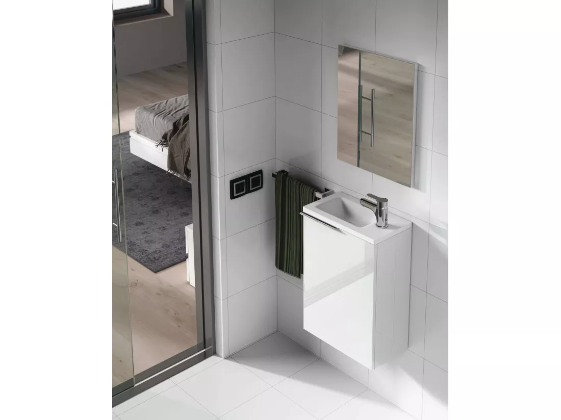 Meuble sous-vasque Dlott, Meuble de salle de bain suspendu, armoire 1 porte avec miroir et lavabo, 40x22h58 cm, Blanc brillant