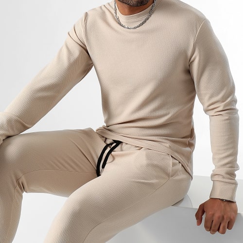 Ensemble Sweat Crewneck Et Pantalon Waffle 0658 Beige Clair
