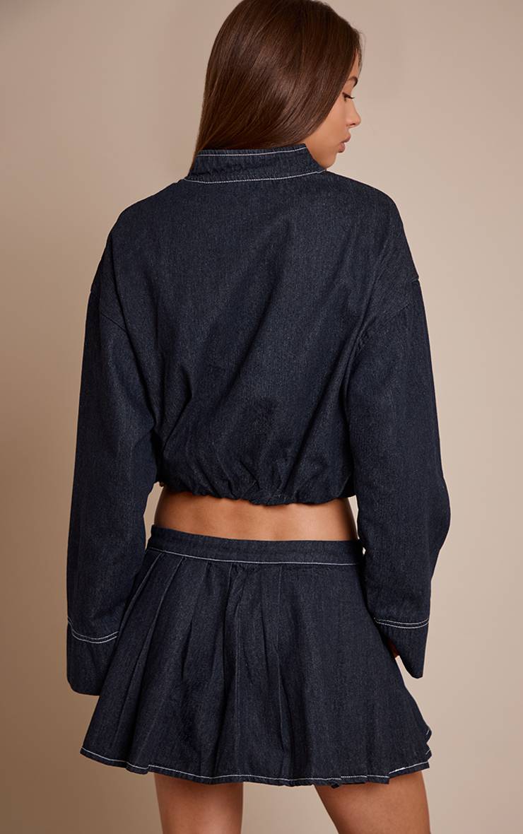 Bleu Indigo Veste Bomber En Denim Courte À Ourlet Bouffant