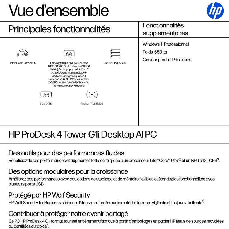 HP ProDesk 4 Tower G1i Desktop AI PC Intel Core Ultra 5 225 8 Go DDR5-SDRAM 256 Go SSD Windows 11 Pro Noir