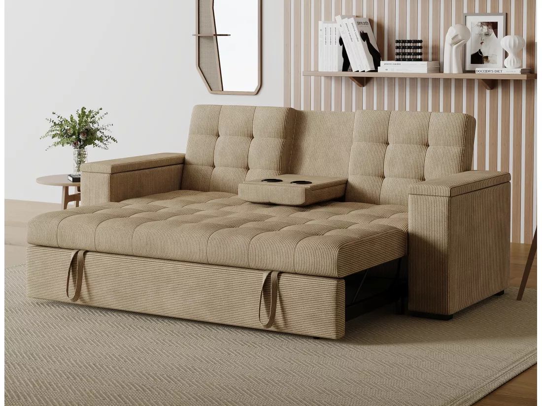 Canapé convertible 3 places modulable en velours côtelé beige NOHO