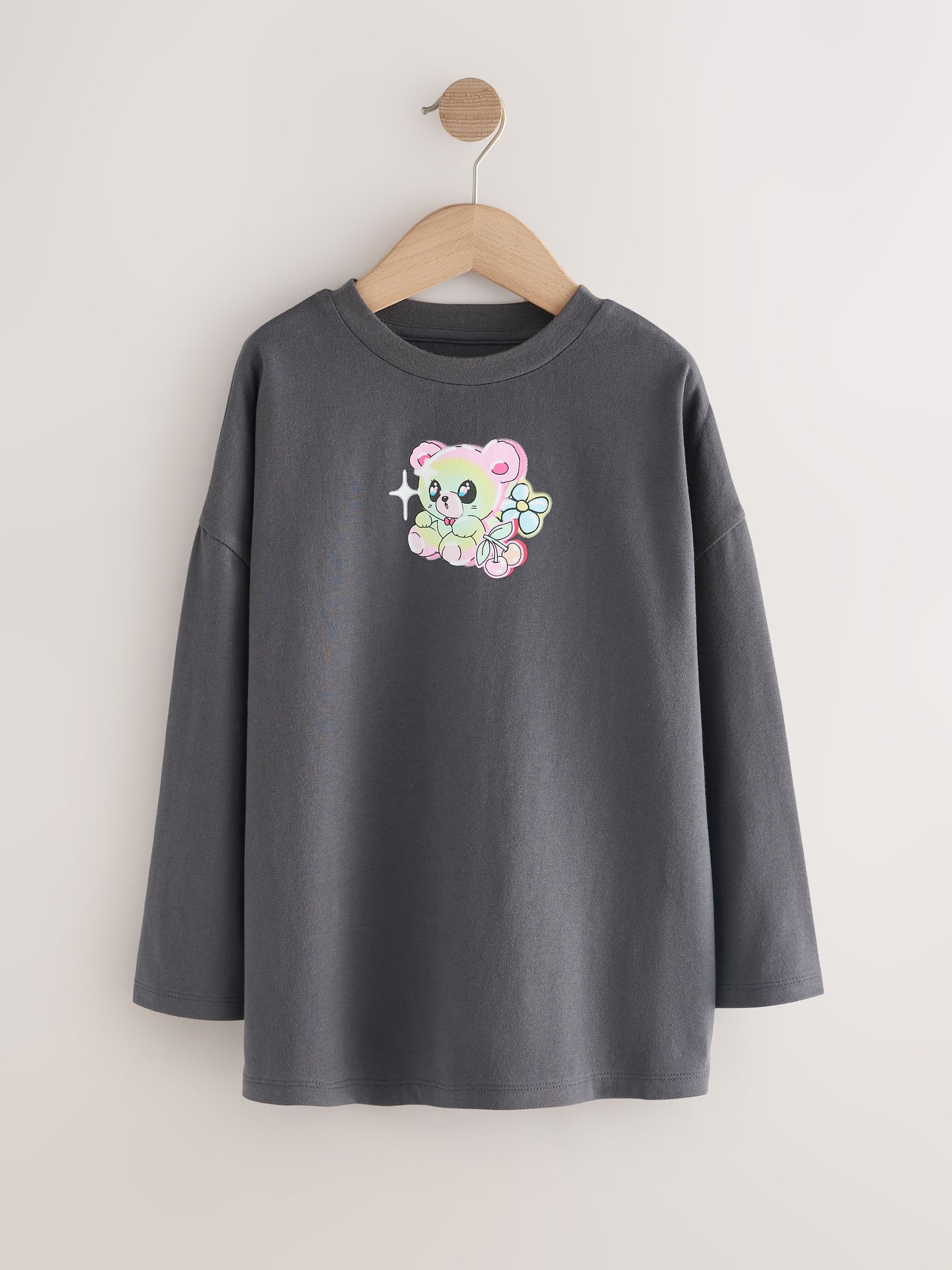 Antracietkleurig met berenprint - Top met print en lange mouwen (3-16jr)