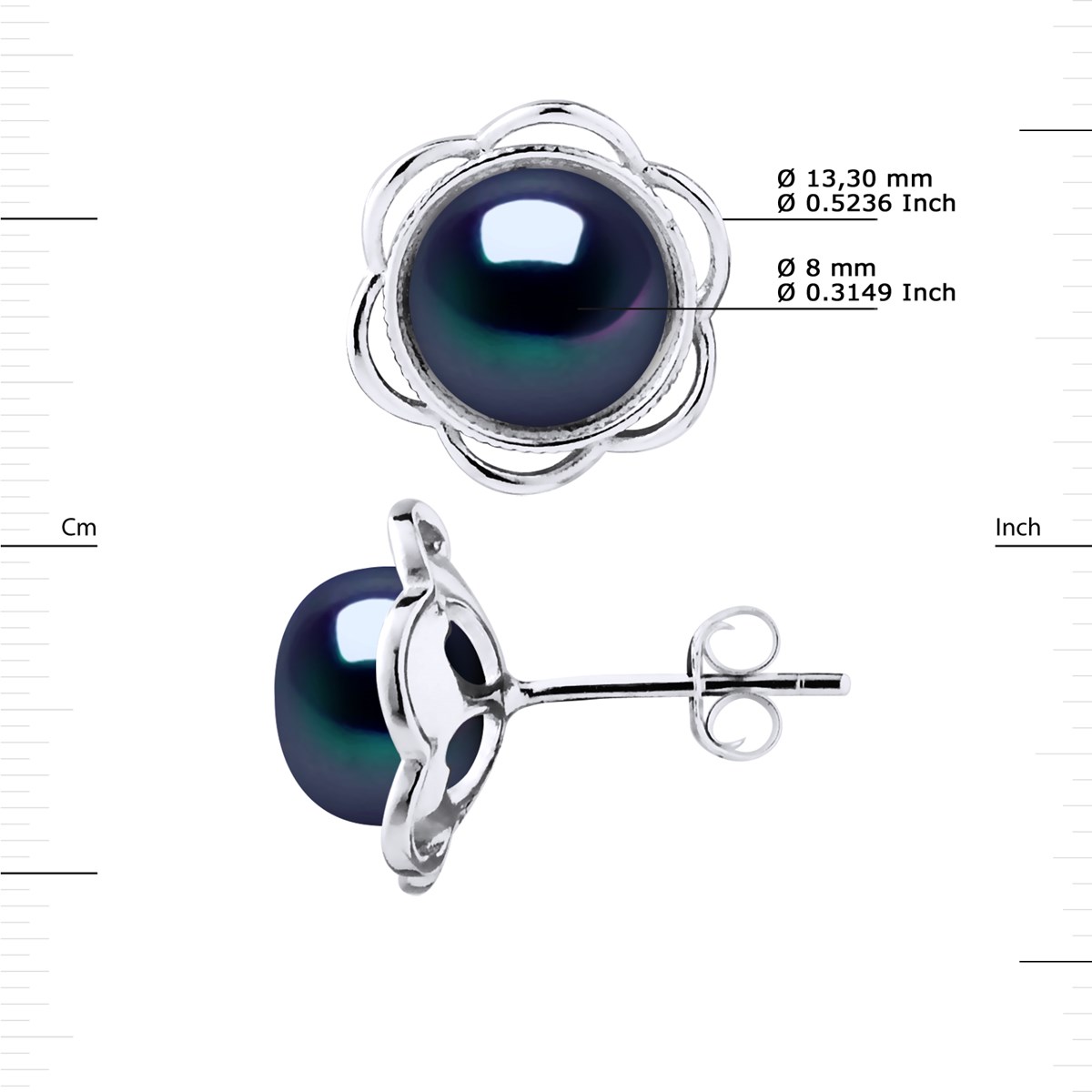Clous d'Oreilles FLEUR Perles d'Eau Douce Boutons 8-9 mm Noires Argent 925