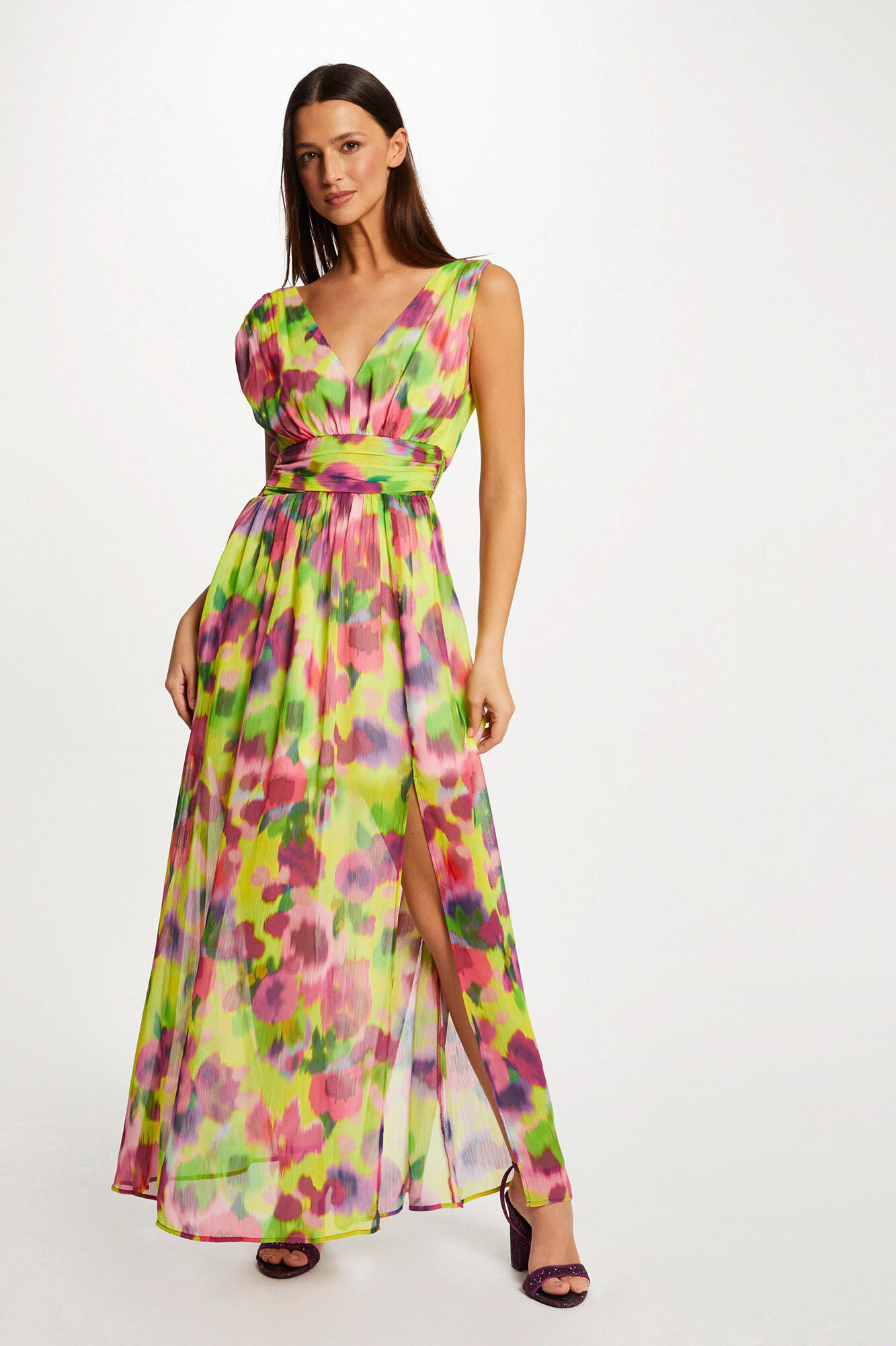 Vestido longo estampado e ajustado - Multicolorido