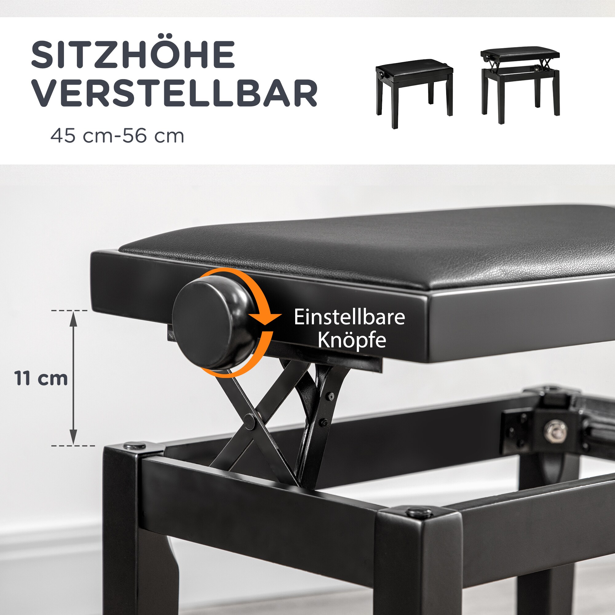 HOMCOM Klavierhocker mit rutschfesten Fußpads schwarz 63L x 33B x 45-56H cm