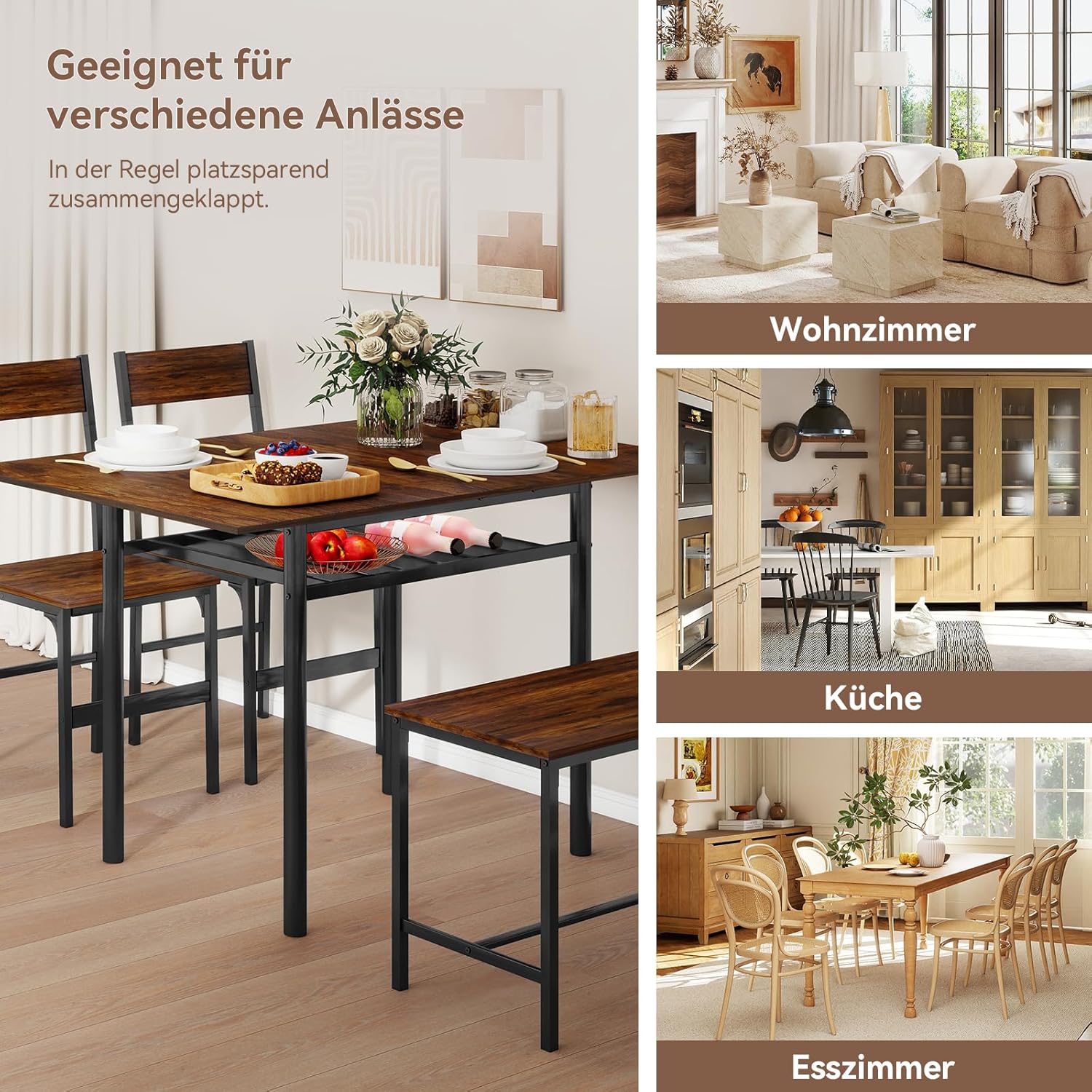 ARTETHYS Essgruppe Esstisch Ausziehbarer 60-120cm mit 2 Stühlen & Bänken, Klappbarer Küchentisch-Set mit Metallgestell Esszimmergruppe, Industrial Sitzgruppe Esszimmer, Ablagefach, Vintage Braun