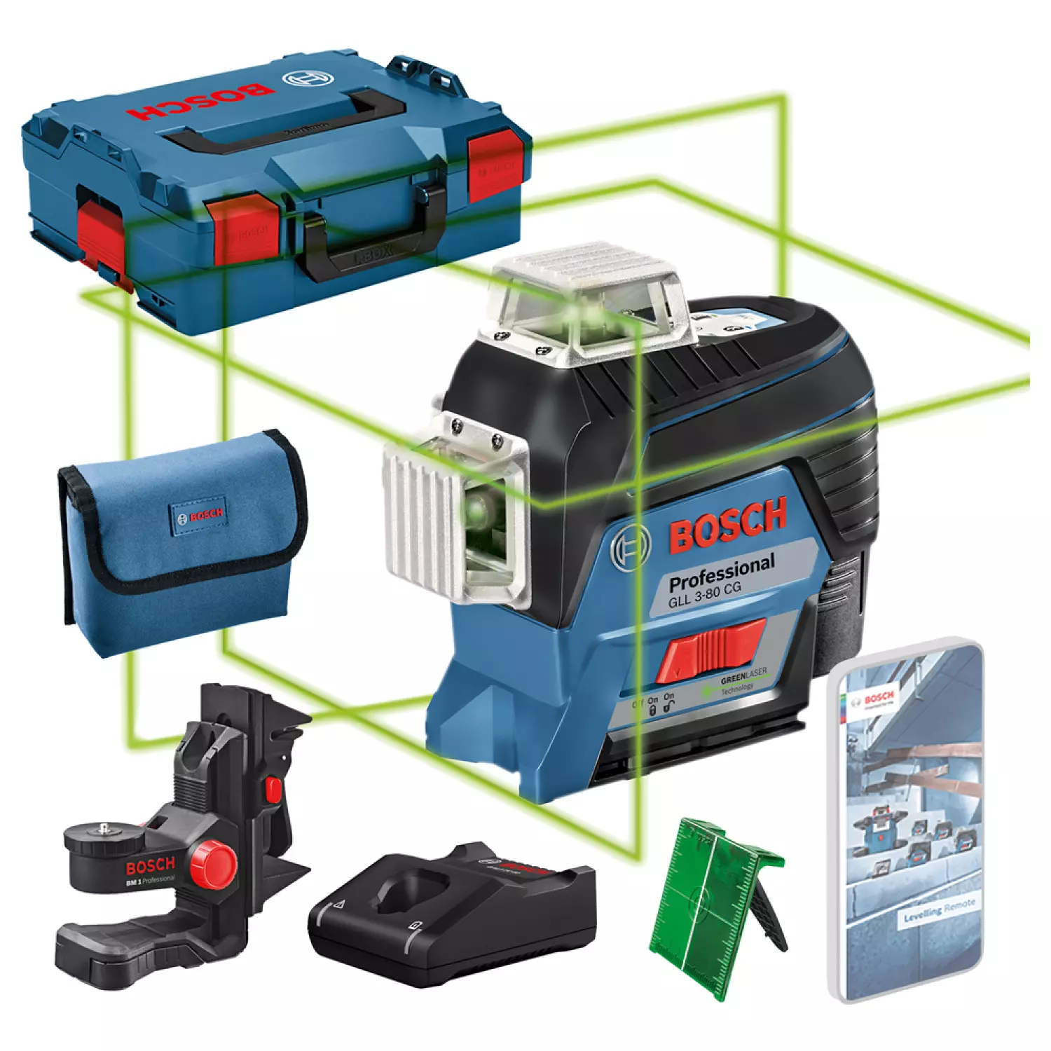 Bosch GLL 3-80 CG 12V Li-Ion accu Kruislijnlaser set (1x 2.0Ah accu) in L-Boxx - Groen