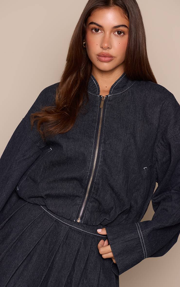 Bleu Indigo Veste Bomber En Denim Courte À Ourlet Bouffant