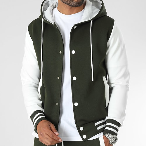 Ensemble Veste Teddy Capuche Et Pantalon Jogging 0122 Vert Kaki Blanc