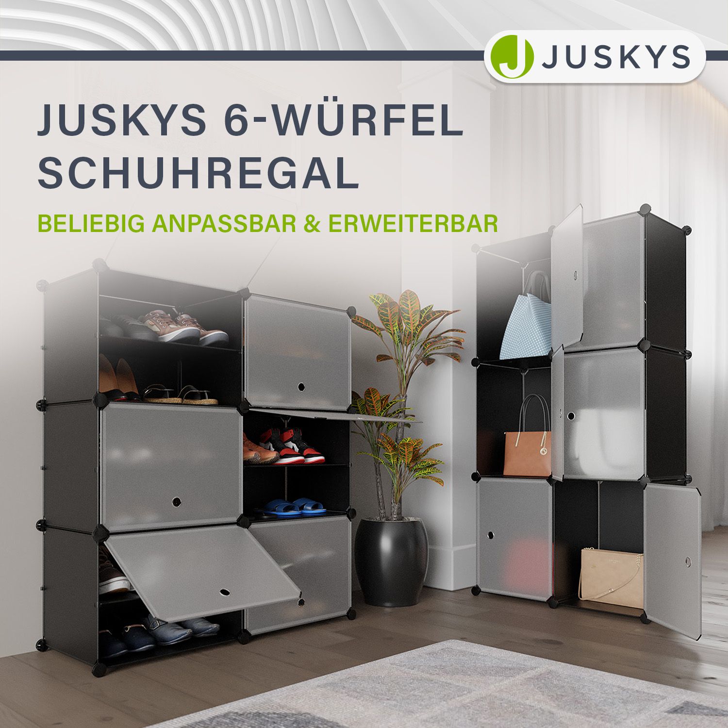 Juskys Schuhschrank 6 Würfel & Türen - Kunststoff Schrank für 24 Paar Schuhe - Steckregal Schwarz