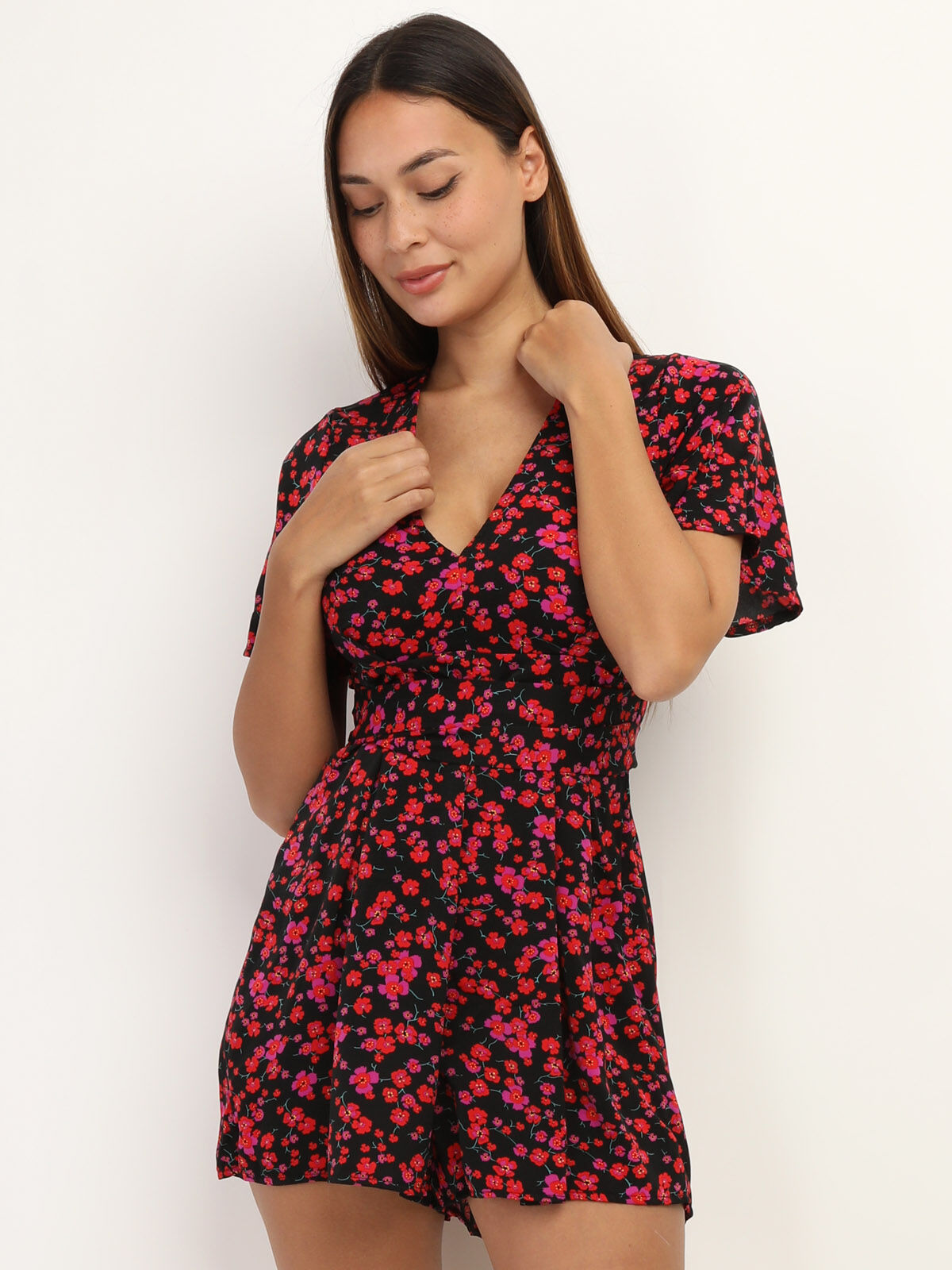 Combi-short à motif petites fleurs- Noir / Fuchsia