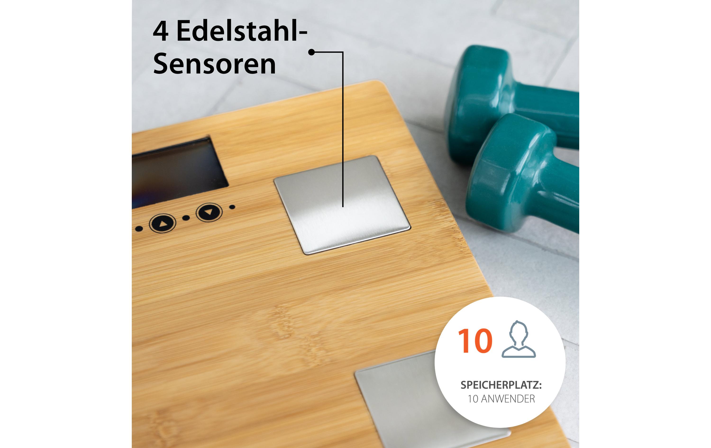Körperanalysewaage Barbara BraunDiagnosewaage mit Speicherplatz für 10 Anwender, aus Bambusholz