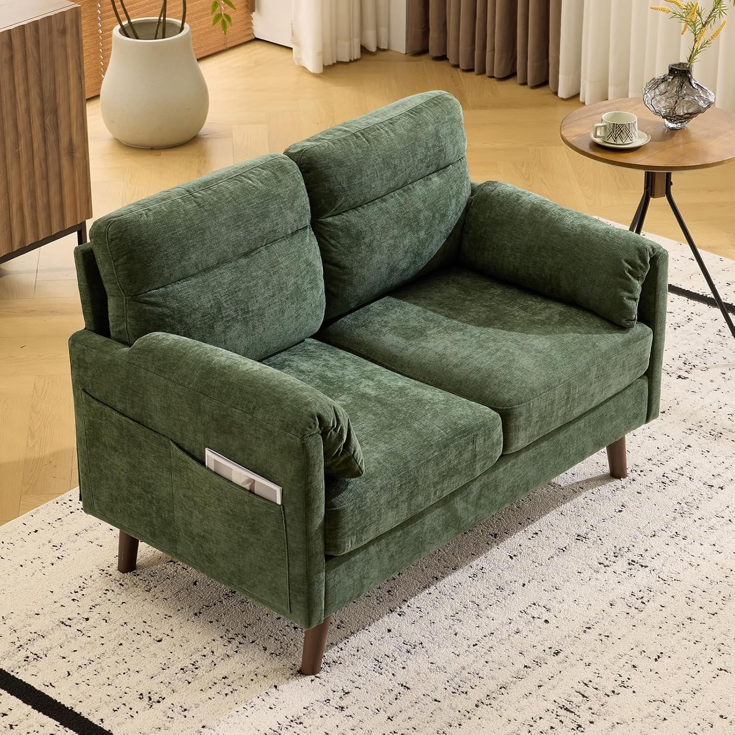 Bonnlo Sofa 2 Sitzer klein, 125cm Couch mini, Kleine Stoffcouch mit weichen Armlehnen, Kleines Sofa für Büro, Wohnzimmer, Schlafzimmer und Arbeitszimmer,Einfache Montage, Leinen (Grün)