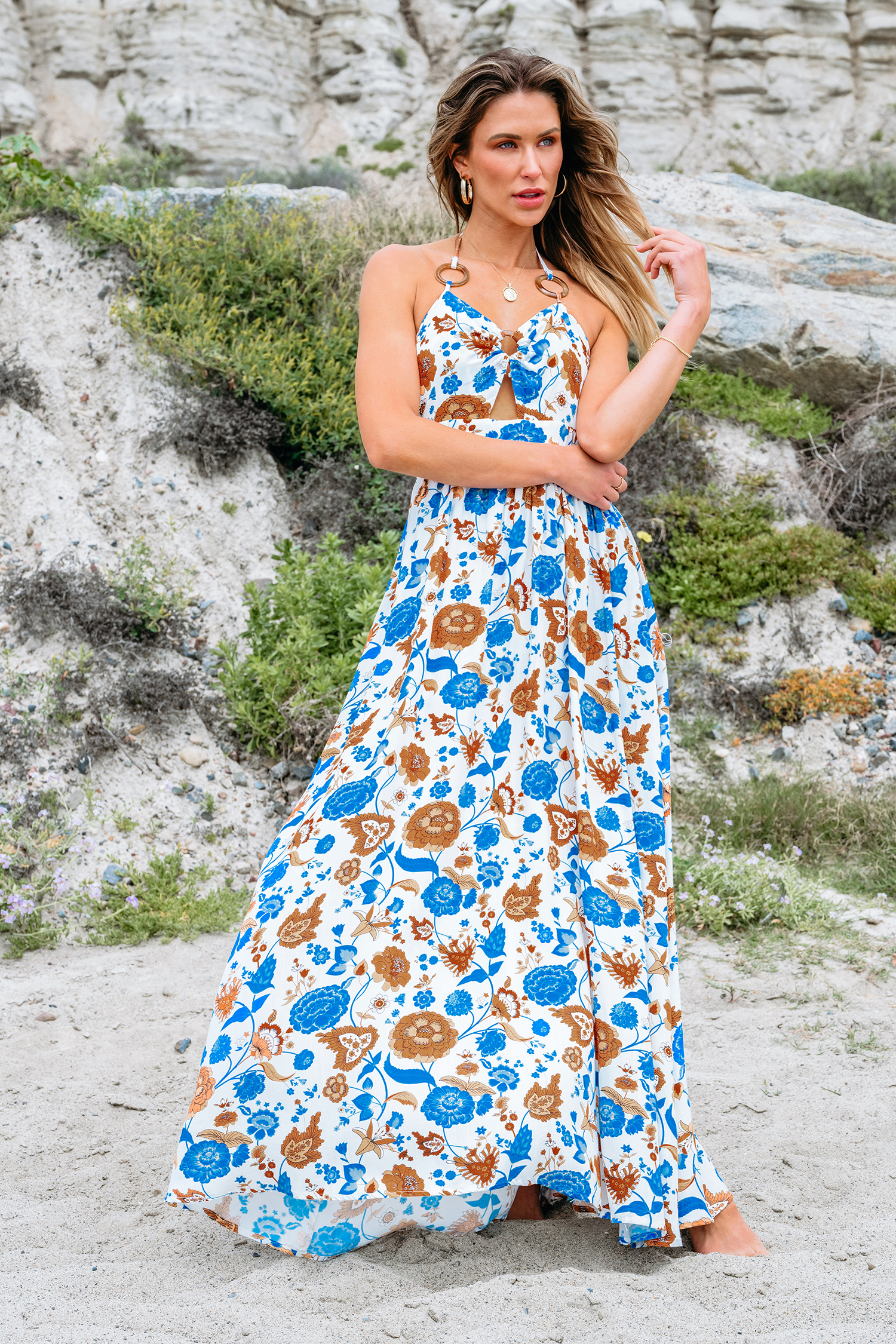 Robe maxi avec col en V et joint torique à imprimé floral