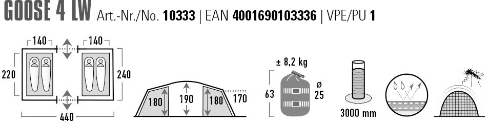 High Peak Tunnelzelt »Goose 4 LW« 4 Personen Aluminiumgestänge
