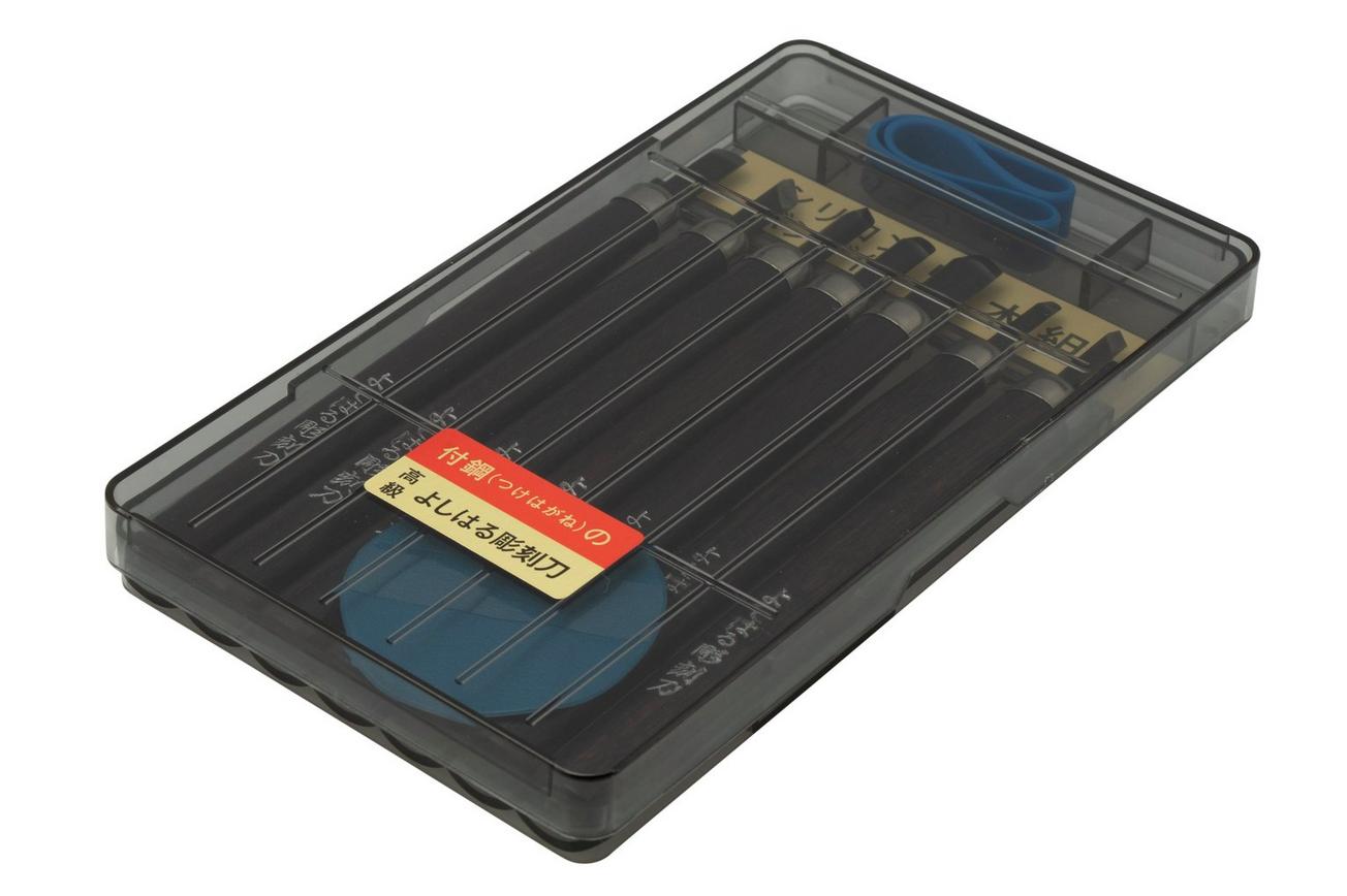 Yoshiharu H-7 Japanse houtsnijmessen, set van 7 in plastic case