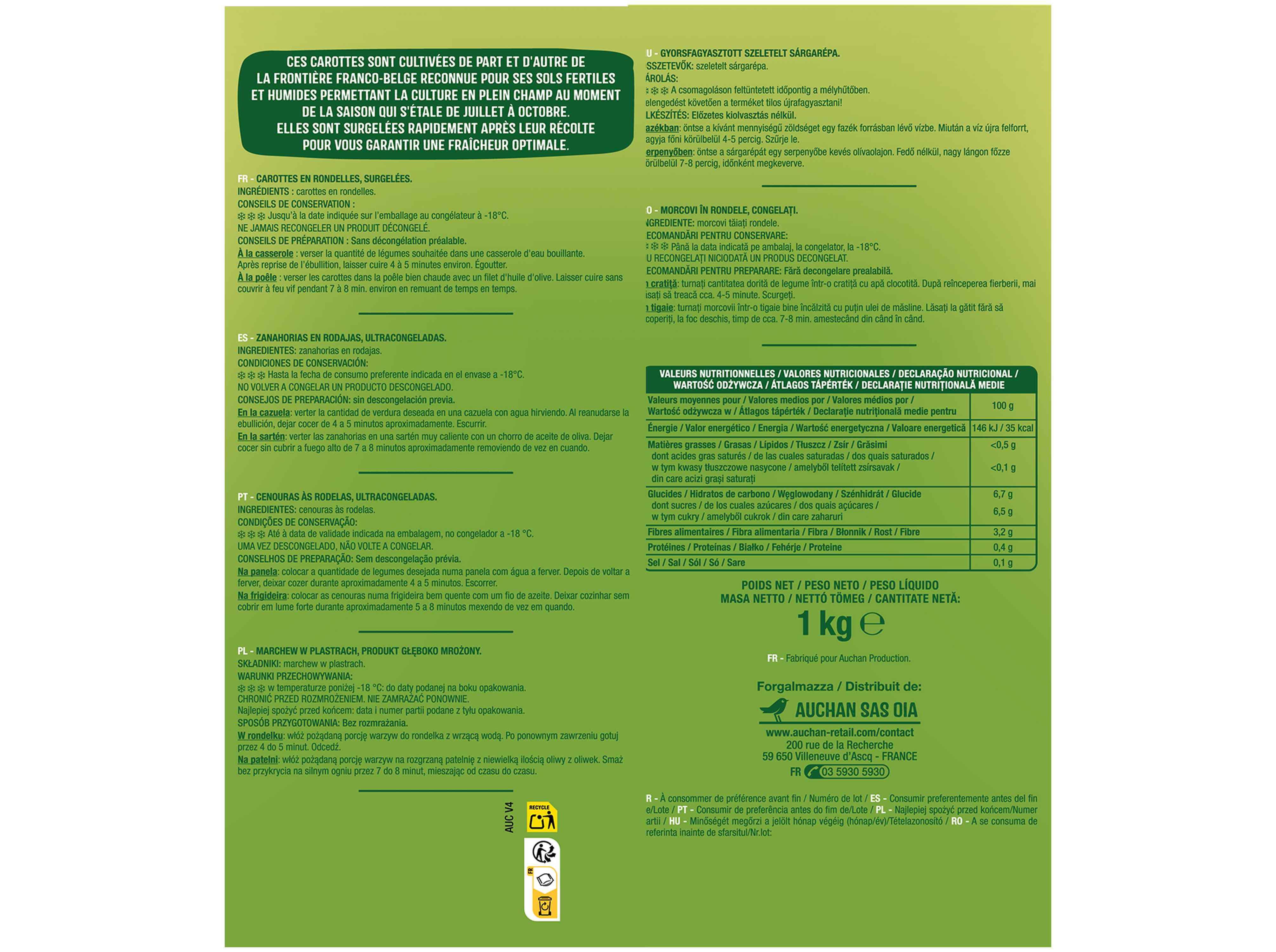 CENOURAS AUCHAN ÀS RODELAS ULTRACONGELADAS 1KG