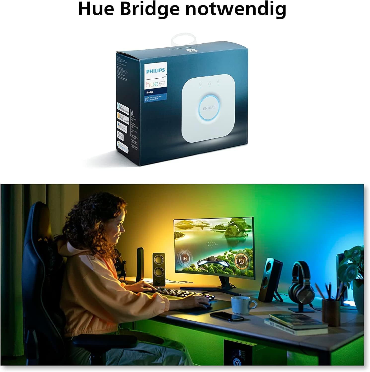 Philips Hue White & Color Ambiance Play Gradient, PC Lightstrip für 32-34 Zoll, dimmbar, 16 Mio. Farben, steuerbar via App, kompatibel mit Amazon Alexa (Echo, Echo Dot)
