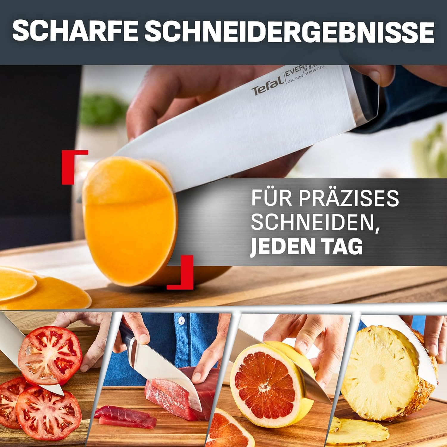 Tefal EverSharp Pro 6-teiliger Messer-Block, patentierte Schärftechnologie, selbstschärfender Messerblock, Verriegelungssystem, deutscher rostfreier Edelstahl, Blau, K297S744