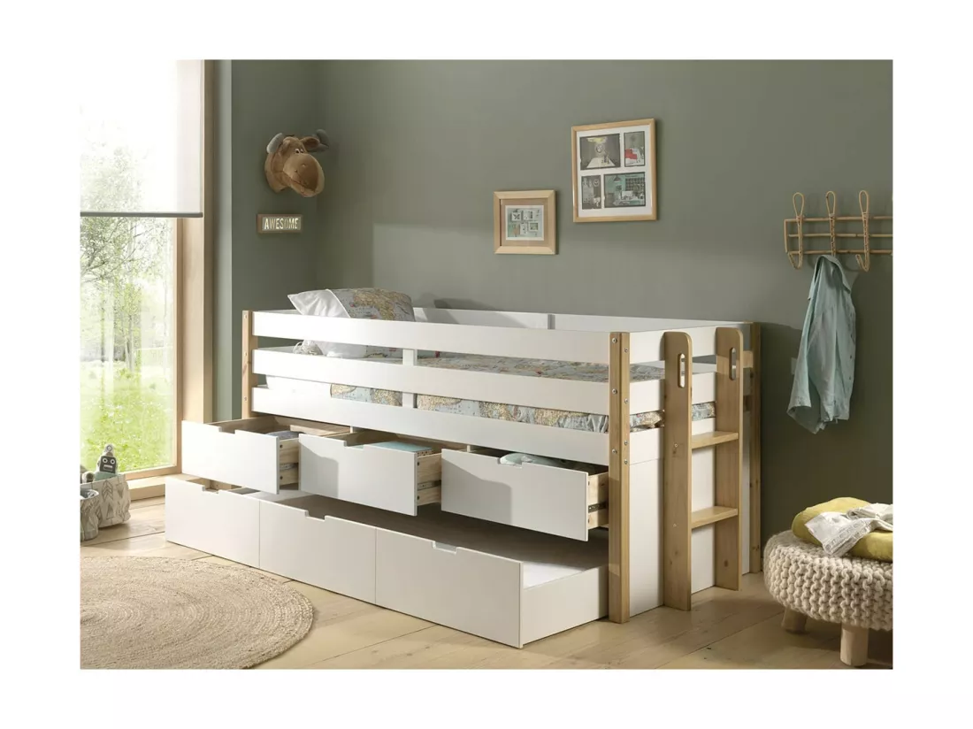 OLAF - Lit Gigogne Surélevé 90x200cm à Tiroirs Blanc et Bois