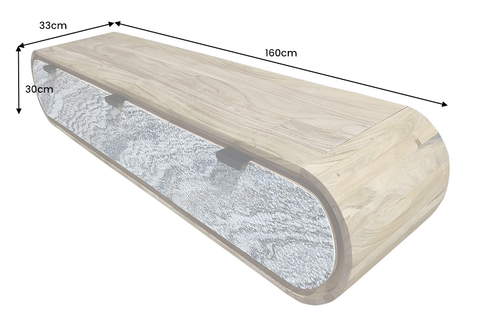 Hängendes TV-Board ORGANIC 160cm natur Akazie schwarz weiß Steinfurnier Schubladen