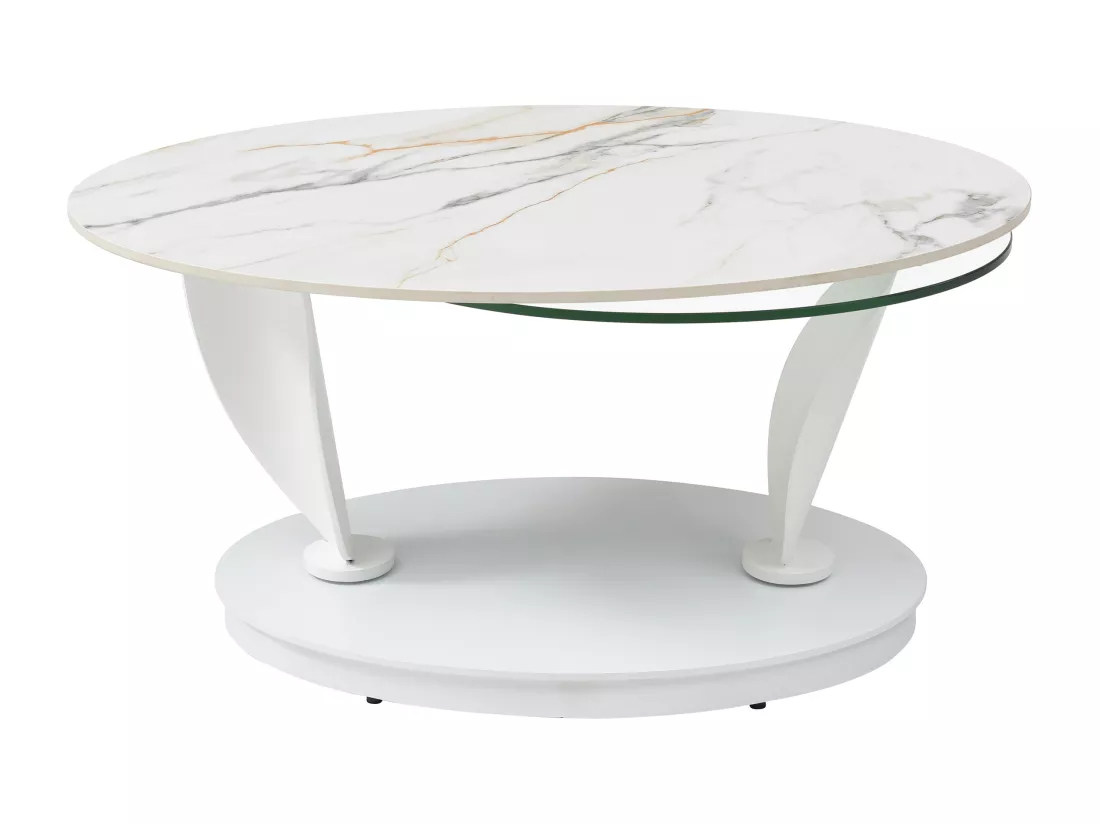 Table basse avec plateaux pivotants en céramique, verre trempé et métal - Effet marbre blanc - MANEYA de Maison Céphy