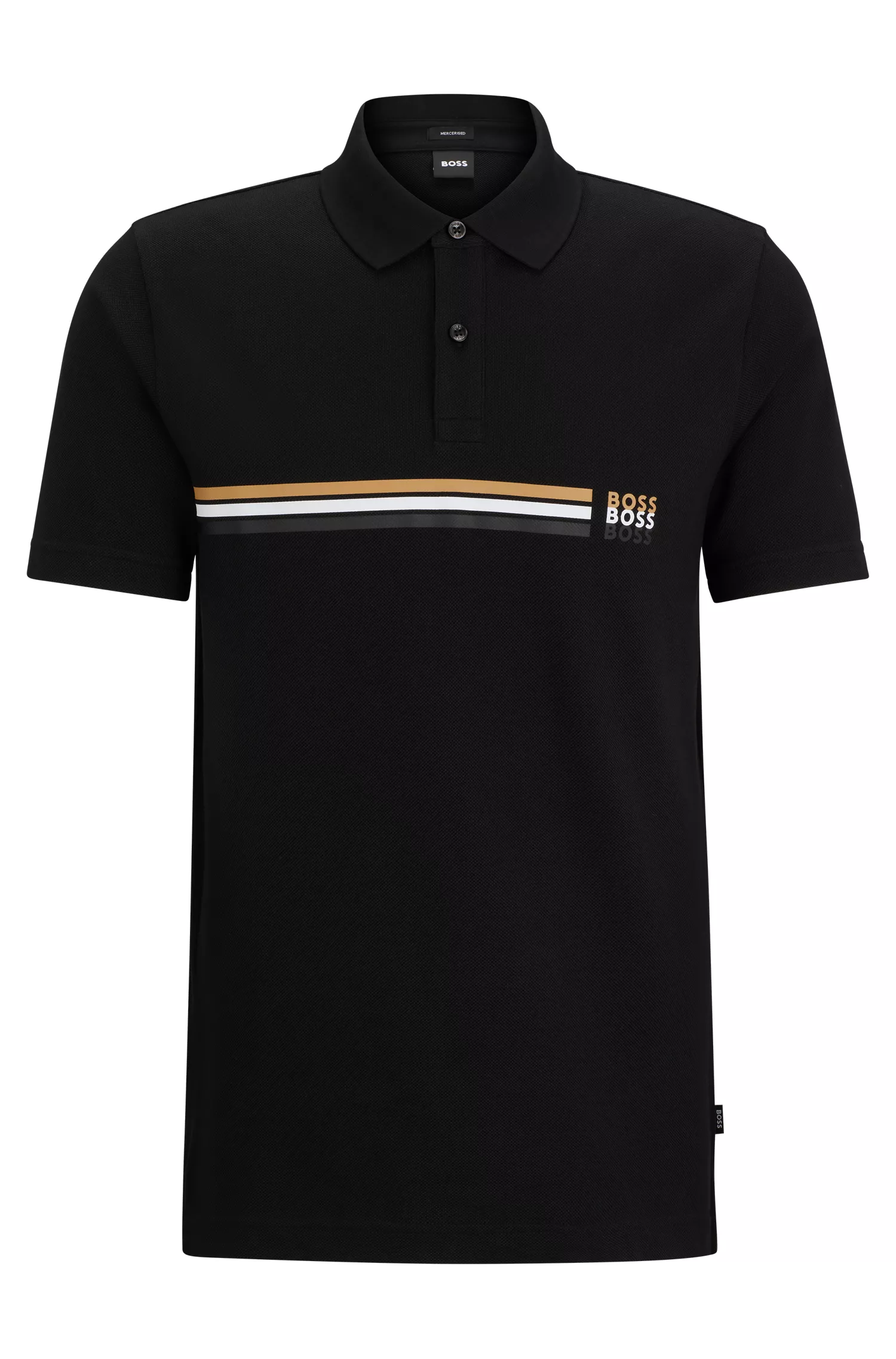 Camisa polo BOSS preta em algodão mercerizado com listra e logotipos característicos.