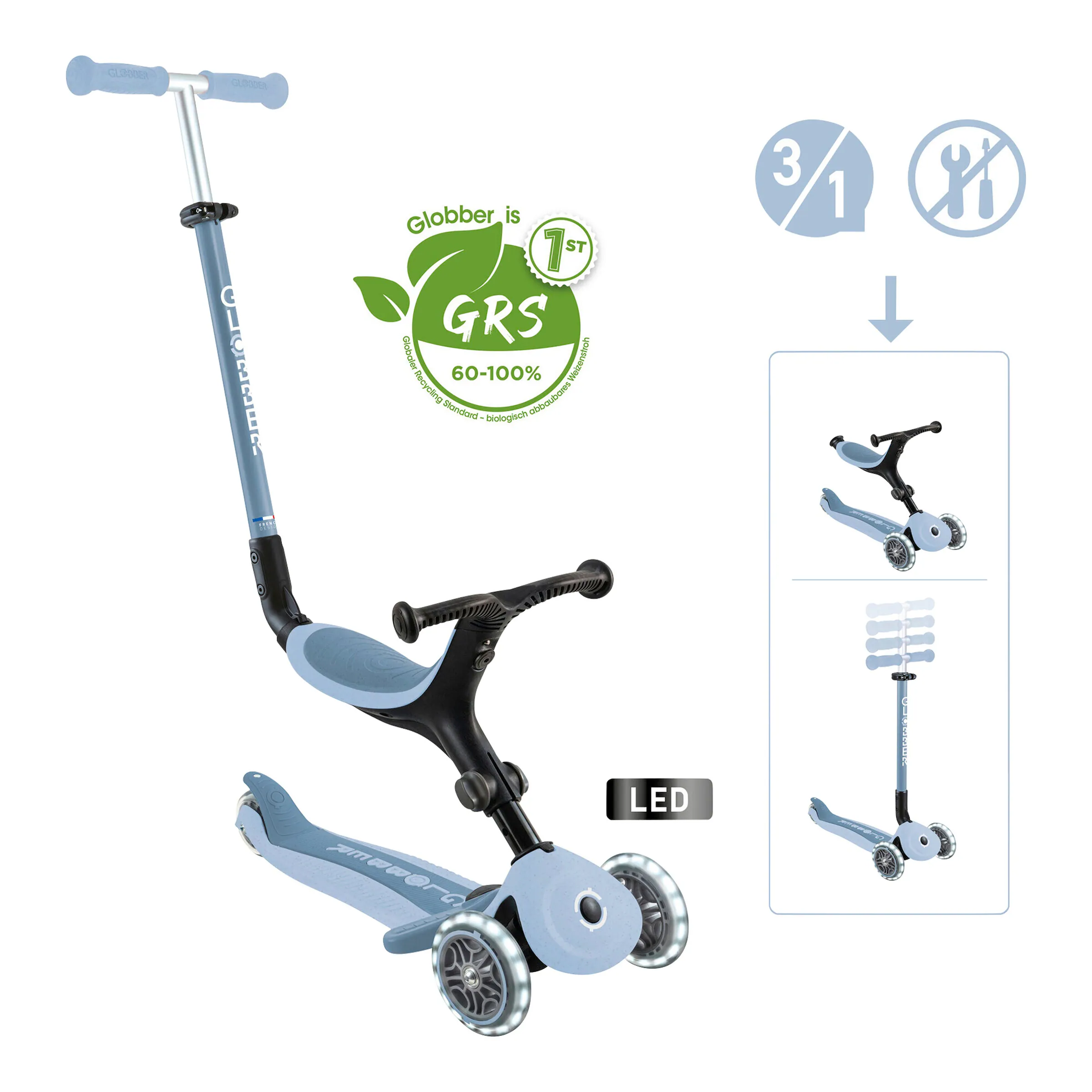 Globber Scooter 3in1 Go-Up active ECO mit Leuchtrollen blaubeere
