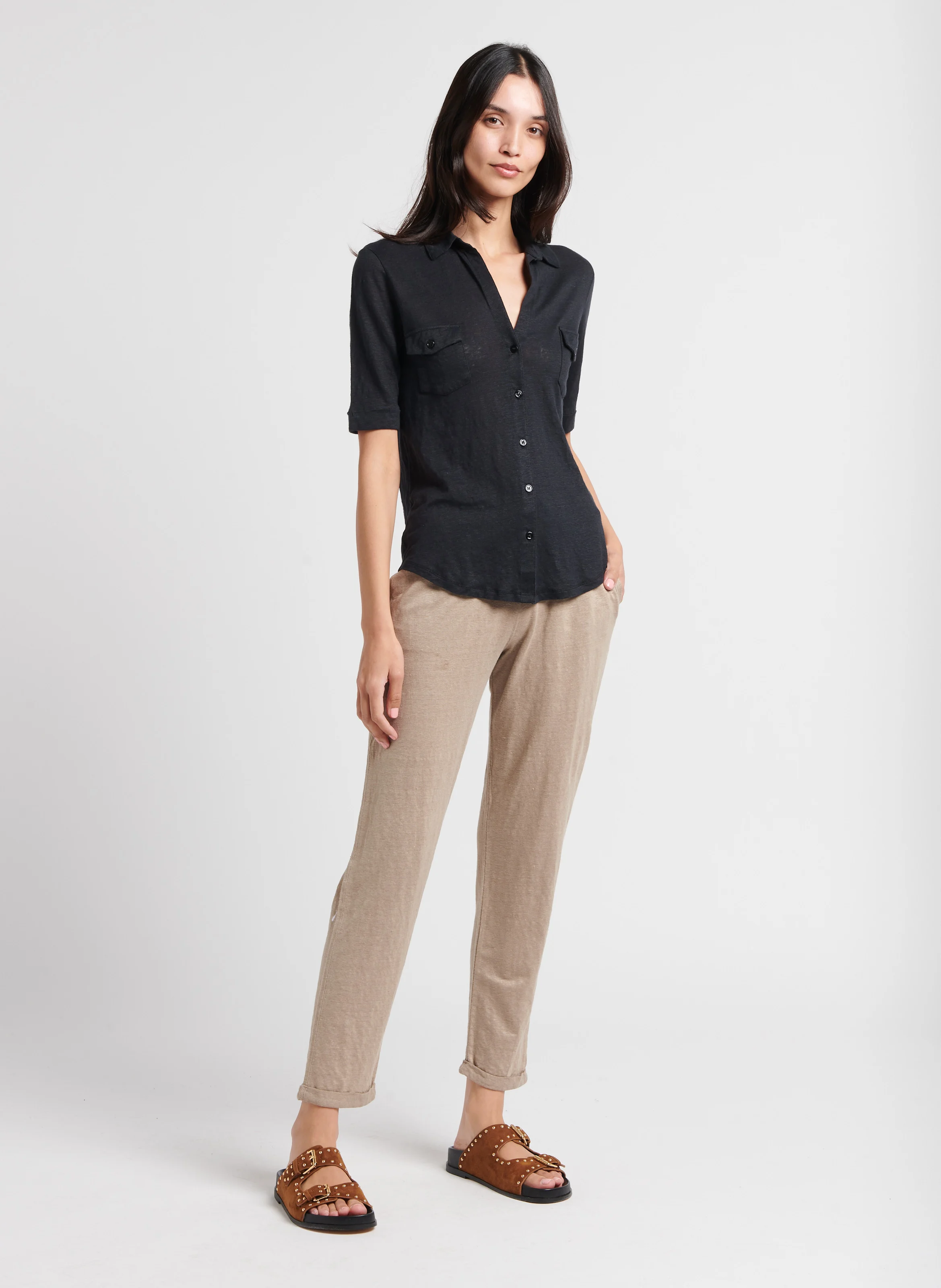 Chemise col classique en lin mélangé | Noir